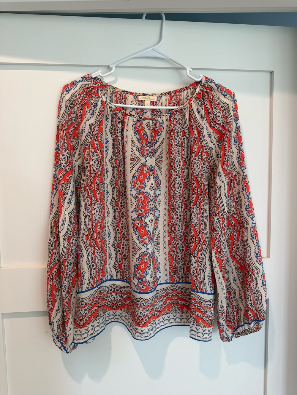 Shoshanna Boho Printed Peasant Blouse - Cream with Red & Blue Pattern